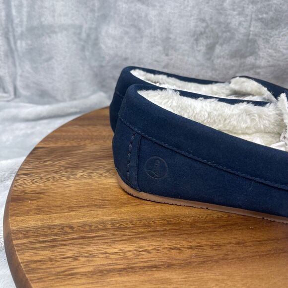 Lands' End Slippers Boys 3 Navy Suede Leather Faux Fur Lined Moccasin Youth Kids - Picture 2 of 13